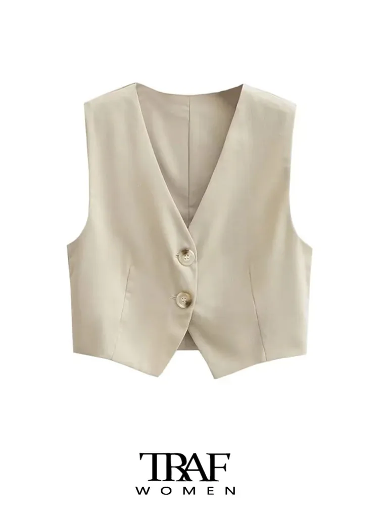 

TRAF Women Fashion Front Button Crop Linen Waistcoat Vintage V Neck Sleeveless Female Outerwear Chic Vest Tops