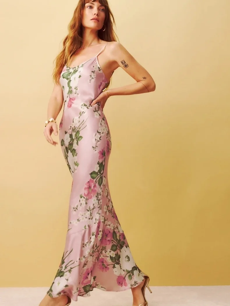 Women French Floral Print 100% Silk Sing Fishtail Dress 2023 Summer Fashion New Ladies Sexy Elegant Slim Long Robe