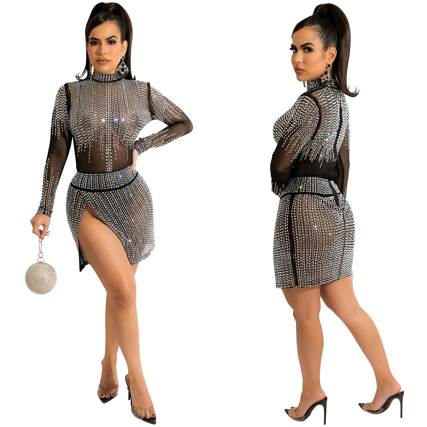 

Cutubly Elegant Women's Skirt Sets Black Shiny 2 Two Piece Outfit O-neck Crop Top And Skirts Suits Mesh Short Party 2022 Spring