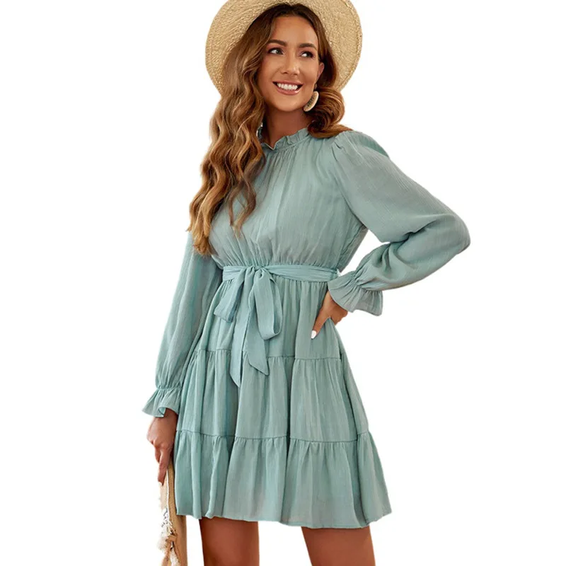 

Casual Patchwork Ruffles Dresses for Female Stand Collar Long Lantern Sleeves High Waist Folds Mini Cake Dress Women Fashion
