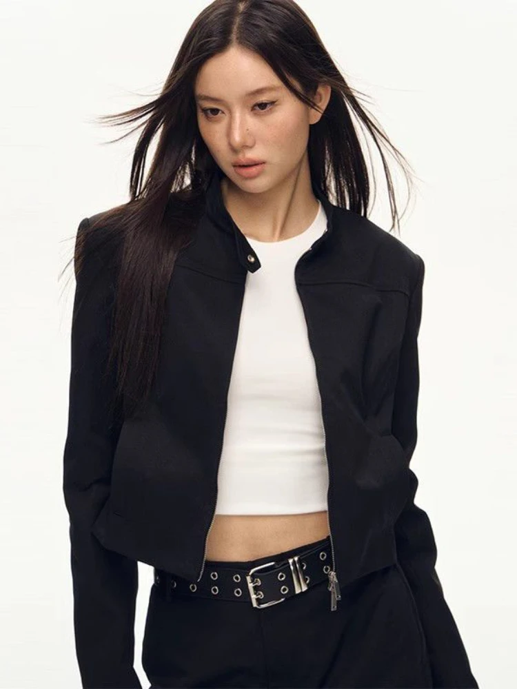 HOUZHOU черные укороченные куртки-бомберы женские Y2k винтажные базовые