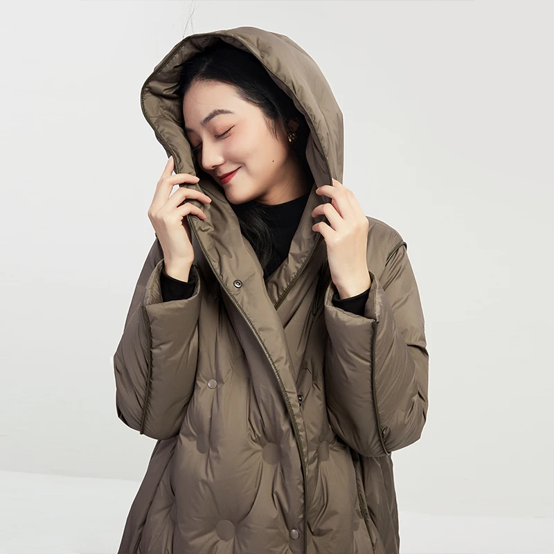 High Quality Loose Hood Long Jackets for Women  90%  White Duck Down  High Street  Covered Button  Wide-waisted  Coat