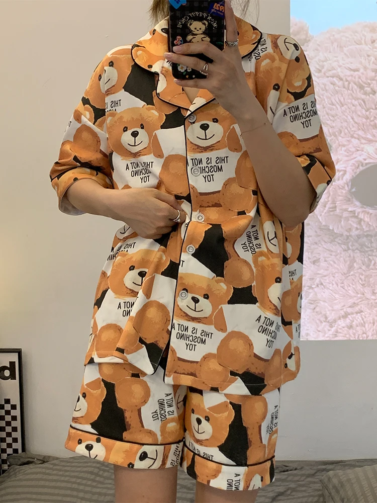 Plus Size Summer Pajamas Women Sleepwear Lapel Cotton Pajama Set Loose Version Nightgown