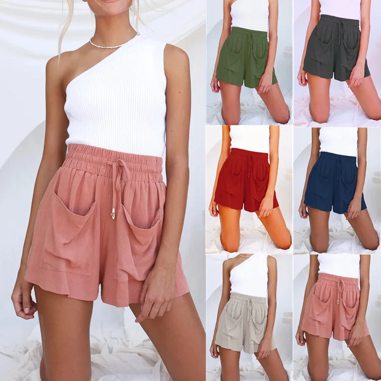 

2022 Spring and Summer New Cotton and Linen Drawstring Ladies High Waist Solid Color Fashion All-match Loose Wide-leg Shorts