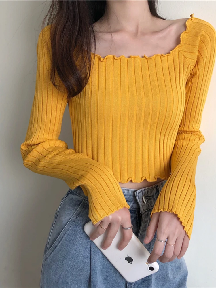 

Весенне-осенние женские топы в Корейском стиле, Однотонный свитер с квадратным вырезом и длинными рукавами, новая короткая трикотажная руб...
