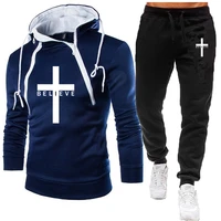 man tracksuit cross believe printed mens set double zipper lapel hoodiessweatpant male sportswear windproof jogger suit s 3xl