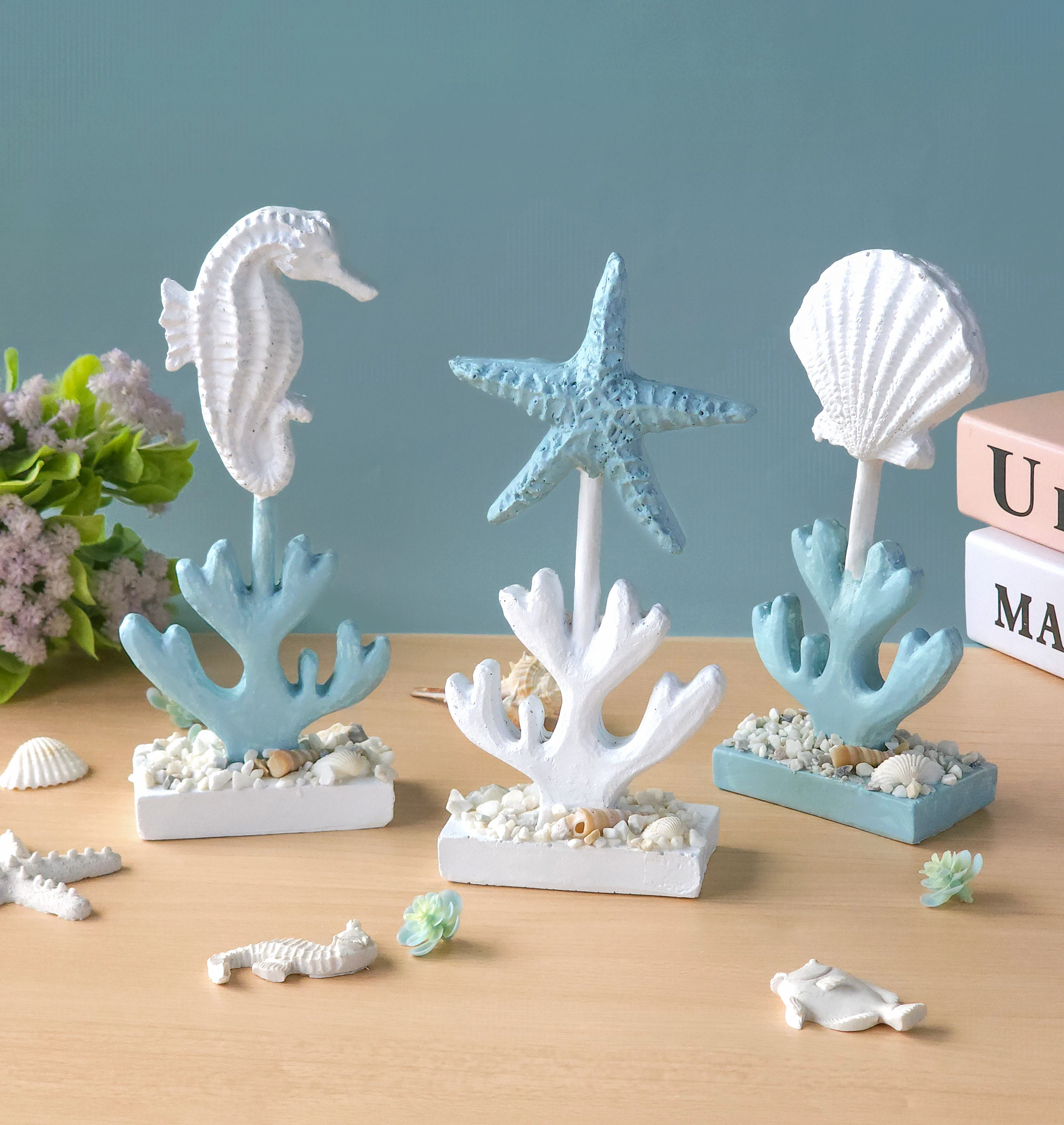 

3pcs/set Marine Ornament Resin Home Decoration Accessories Seahorse Starfish Shell Figurines For Home Mediterranean Style Decor