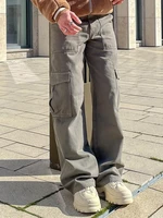 mens baggy grey gargo pants straight comfortable pants aesthetic casual men loose trousers grey overalls versatile streetwear