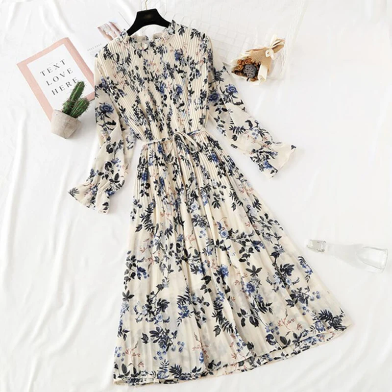 

2023 new summer autumn women printed pleated chiffon dress fashion female casual Flare Sleeve Lotus leaf neck Basic Dresses
