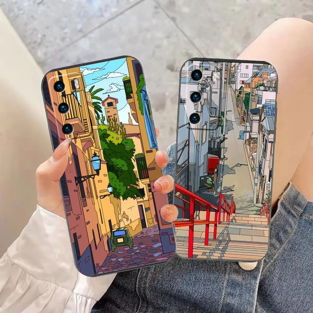 

Funda Coque Case For HUAWEI P50 P40 P30 P20 P10 P9 P8 Plus MATE 30 20 20X 10 9 8 Pro Lite Case Para Japanese Style House Street