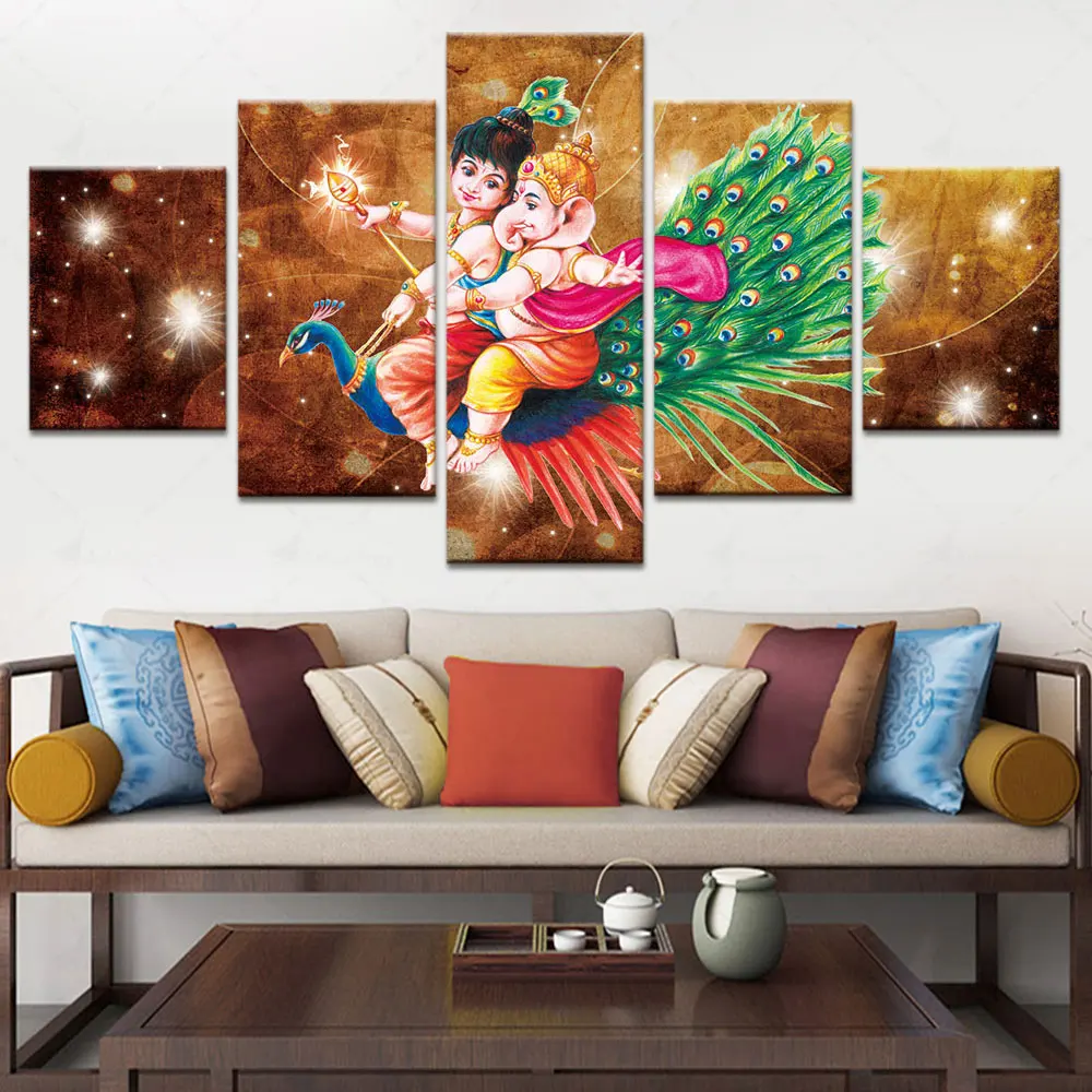 

Artsailing Hinduism Religious Ganesha Shiva and Peacock Poster Office Decoration Modular Cuadros Inkjet 5 Piece Canvas Painting