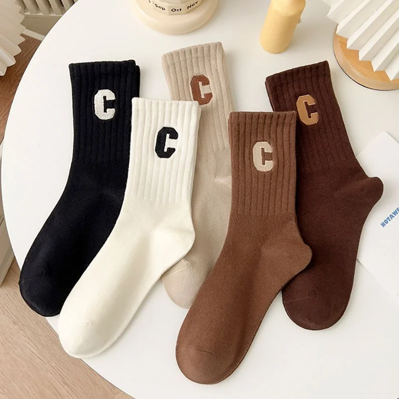 5Pairs Trendy Women Cotton Socks Spring and Autumn High Quality Casual Sock for Women Korean Japanese Student Girl Mid-tube Sock