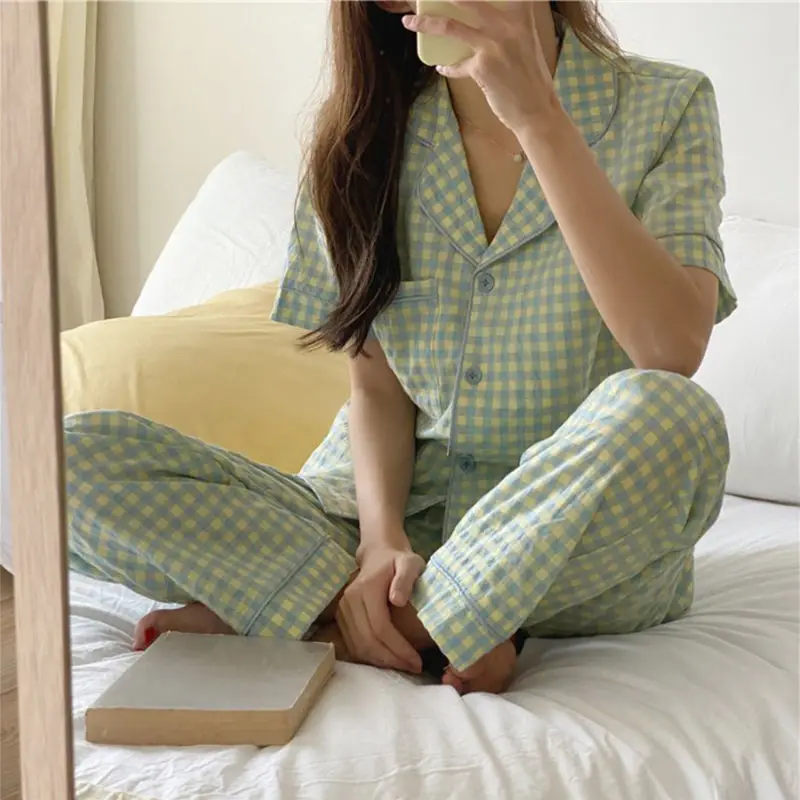 QWEEK Plaid Women's Pajamas Female Brief Lounge Set Woman 2 Pieces Sleepwear Suit Pijama Korean Short Sleeve Pyjamas Nightwear