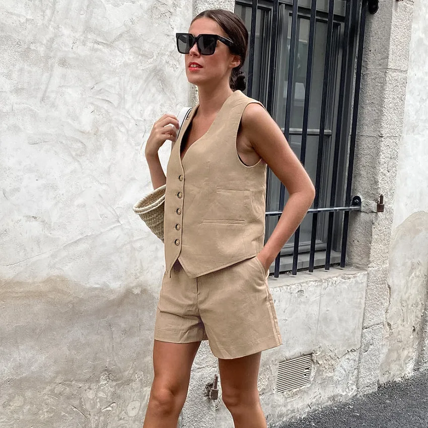 

2023 Summer 2 Pieces Short Set Women Fashion Commuter Linen-Blend Slim-Fit Sleeveless Suit Vest + High Waists Shorts Causal Sets