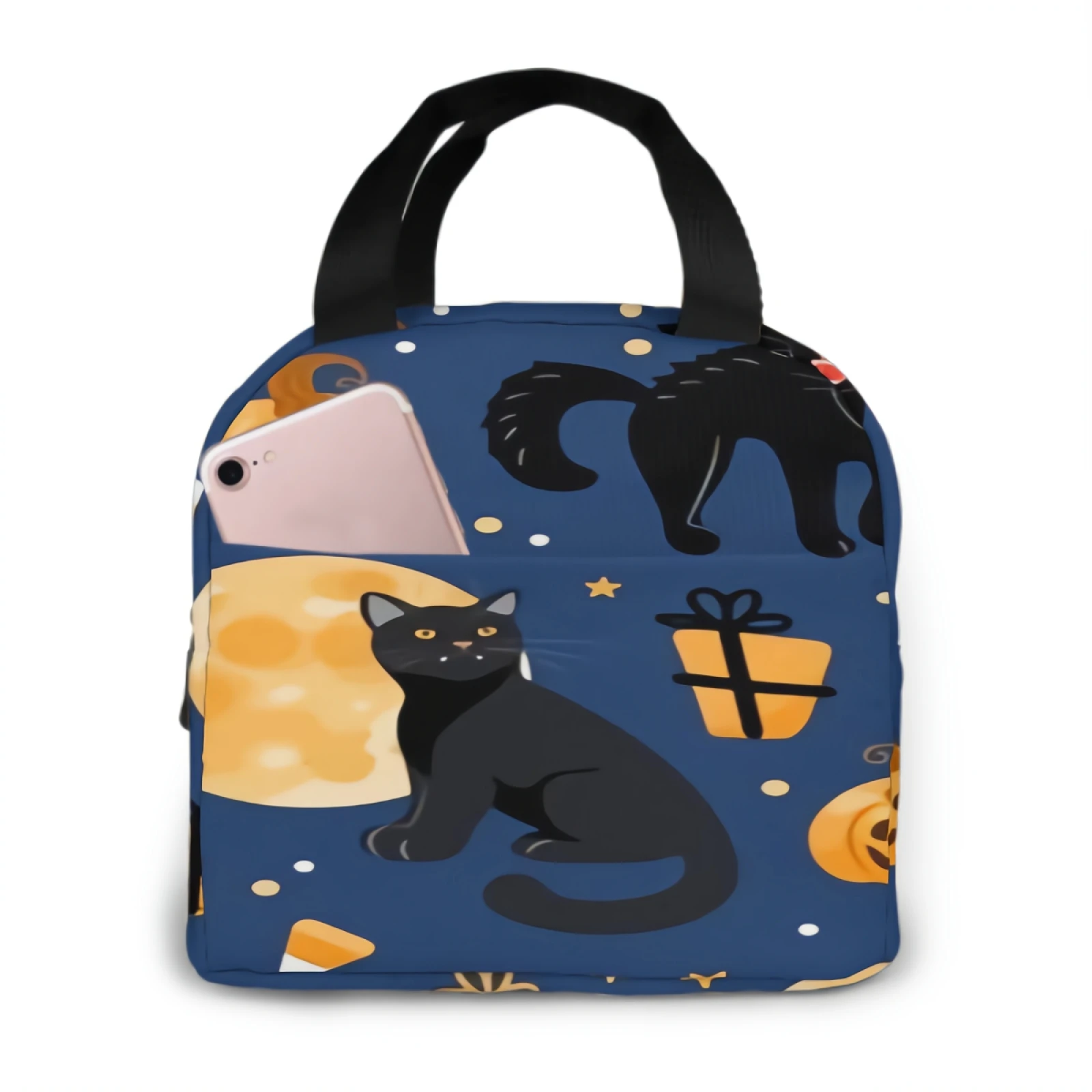 

Black Cat Lunch Box with Adjustable Shoulder Strap Reusable Zipper Cooler Tote Bag for Work,Picnic,Camping
