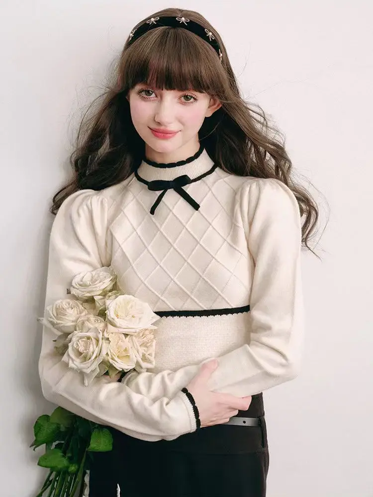 

Hikigawa Casual Contrast Color Bow Women Sweaters Mock Neck Long Sleeve Knitted Pullovers Sweet Chic Fashion All Match Jumpers