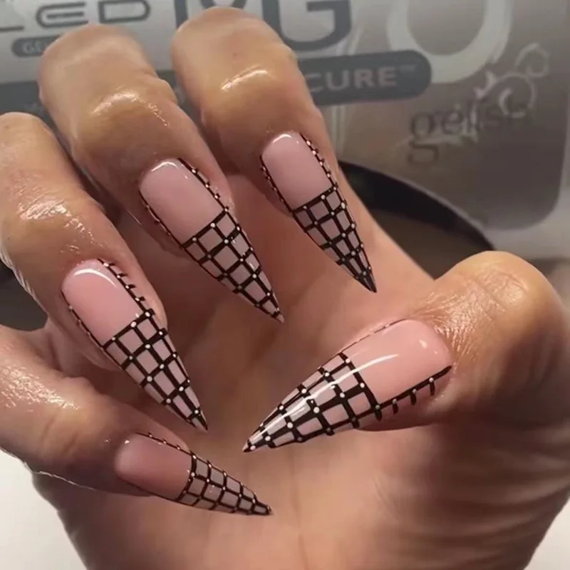 

Long pointed nail checkerboard glitter powder nail patch fake nail paste finished product sexy exaggerated European and American