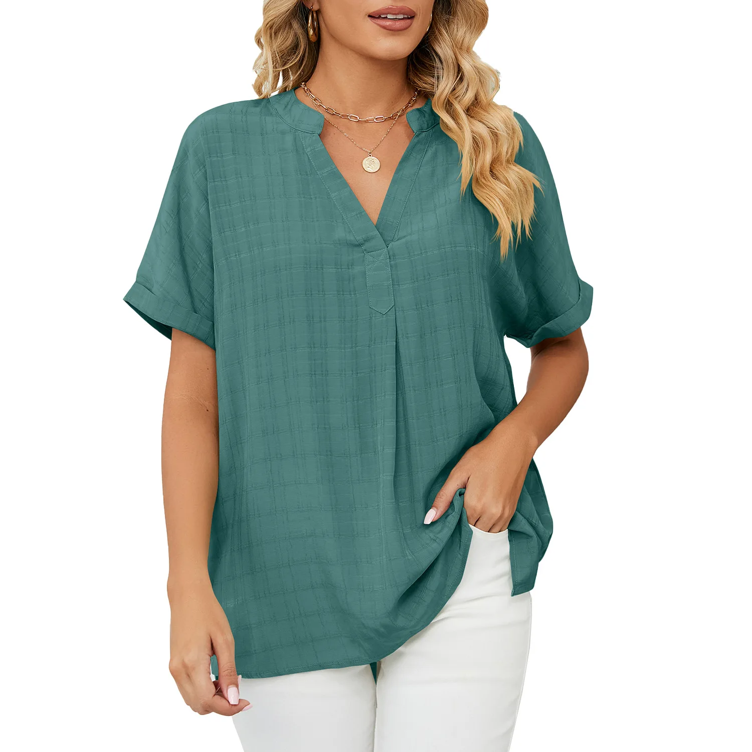 

Spring/Summer New Thin Top V-Neck Casual Solid Loose Shirt Fashion Elegant Commuter Street Top Short Sleeve Pullover T-shirt