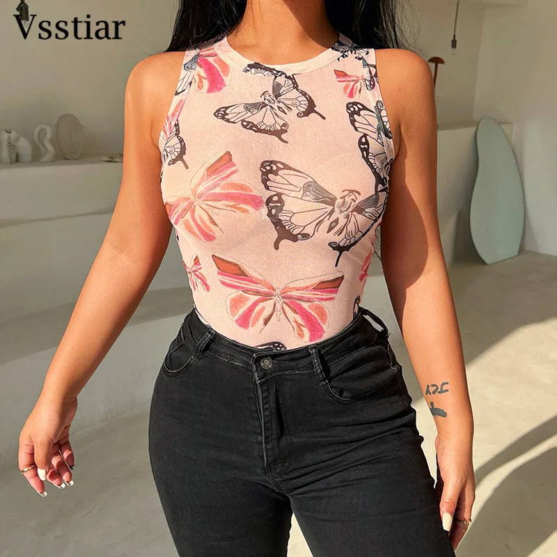 

Vsstiar Модный женский жилет с принтом бабочки с О-образным вырезом с открытыми плечами сетчатые топы сексуальная летняя уличная одежда Повсед...