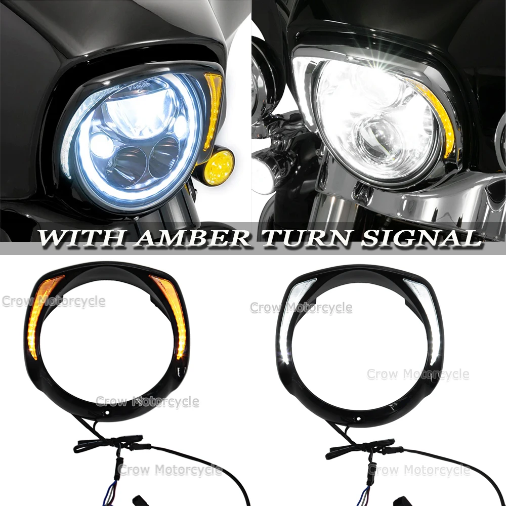 

Motorcycle Headlight Bezel Trim Ring With Amber Turn Signal For Touring Street Glide Road King Electra Tri Glide FLHR FLHX FLTXR