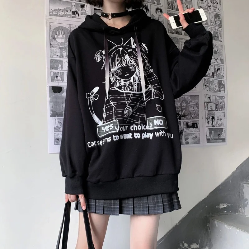

Deeptown Gothic Emo Anime Print White Hoodies Women Harajuku Streetwear Oversize Long Sleeve Pullover Female Black Sweatshirt