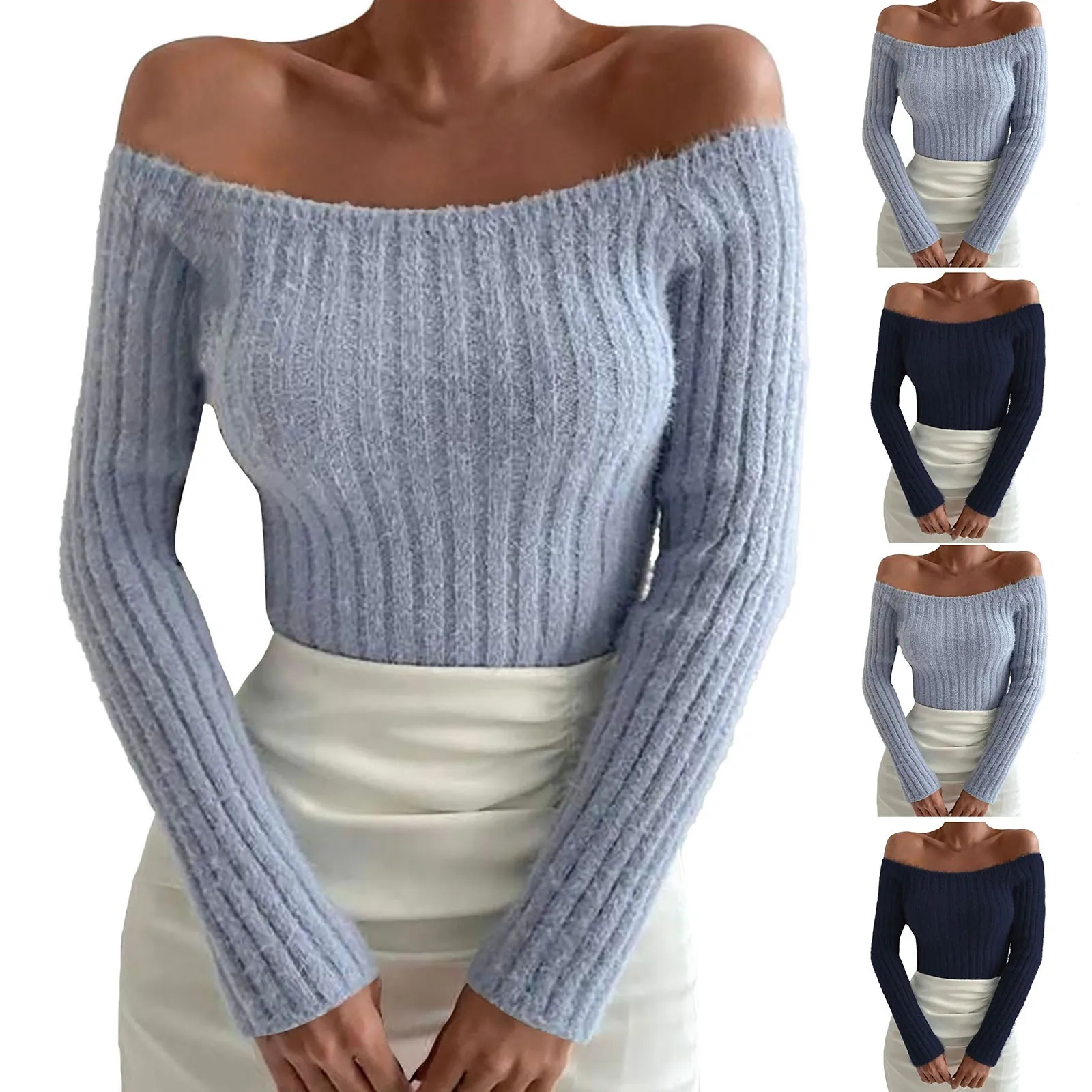 Женский свитер с открытыми плечами свободный шерстяной длинный пуловер большого