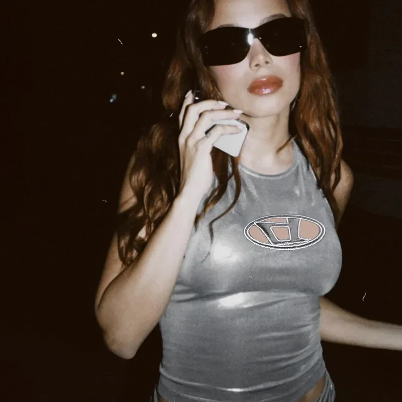 

Silver Metallic Halter Tank Top Backless Camis Women Hipster Sleeveless Cut Out Bandage Shiny Crop Tops Rave Y2K Streetwear
