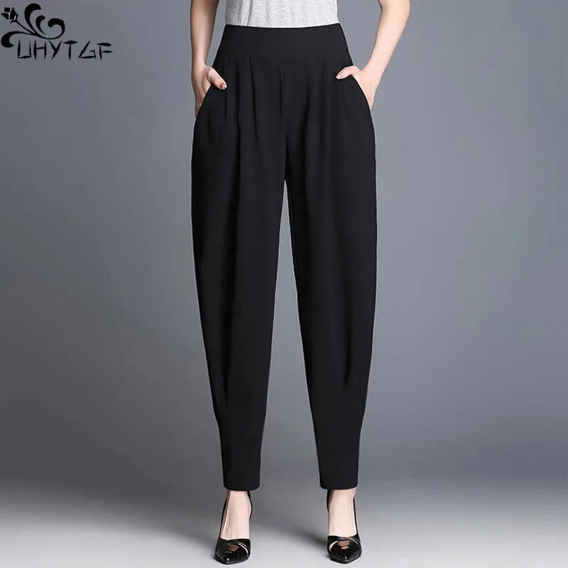 

Черные шаровары UHYTGF, женские весенне-летние новые корейские свободные повседневные тонкие шаровары с эластичным поясом для женщин, девять точек