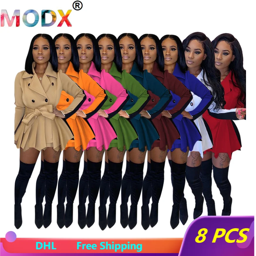 

Women Blazer Dress with Belt Fall Winter Clothes Long Sleeve Outwear Pleated Mini Skirt Long Jacket Dress 6009