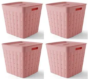 Child and Teen Plastic Wide Weave Pink Stacking Storage Bin with Lid, 4 Pack