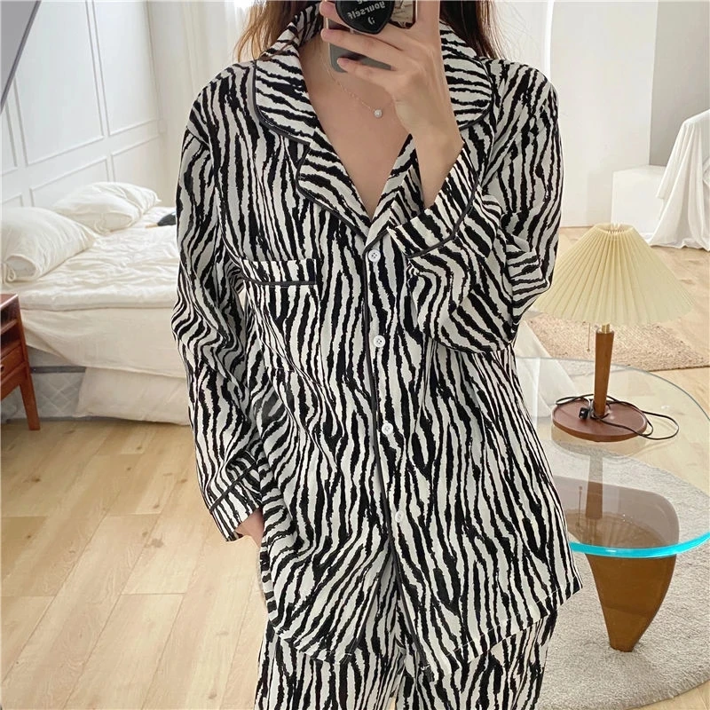 Women's Zebra Print Sleepwear Long Sleeve 2 Pcs with Pants Ladies Spring Homewear Turn Down Collar Pijama Suit for Female