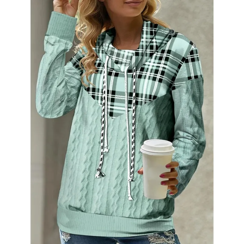 

Women's Spring and Autumn Shirt Casual Loose High-neck Plaid Long-sleeved Hooded Top Hoodies Women