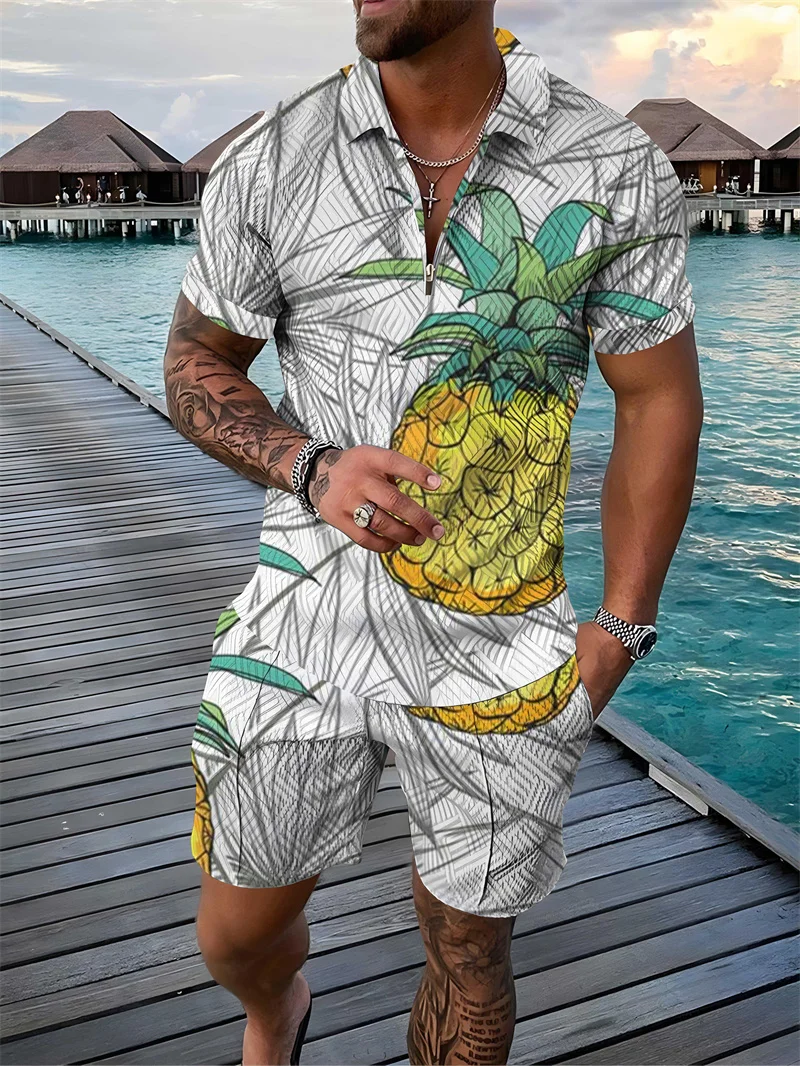 

Men's Tracksuit 2 Piece Set Pineapple Print 3D Polo Shirt Short Sleeve T Shirt and Shorts Casual Man Clothing Zip-Up Polo Shirt