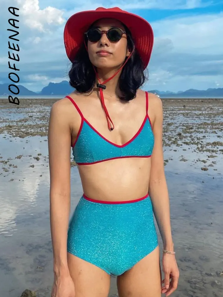 

Сексуальные летние пляжные костюмы BOOFEENAA для отпуска для женщин, комплект из 2 предметов, Короткие Купальники Y2k, бикини с завышенной талией, ...