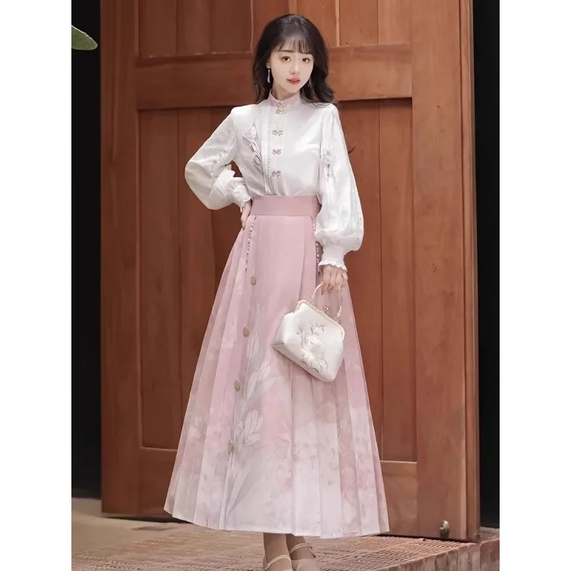 Весенне-осенний новый костюм с юбкой Hanfu женская улучшенная новая белая рубашка в