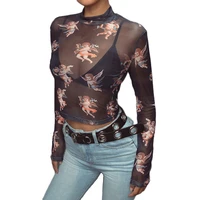 2021 fashion women t shirt perspective cute angel print mesh hollow short sexy bottoming top