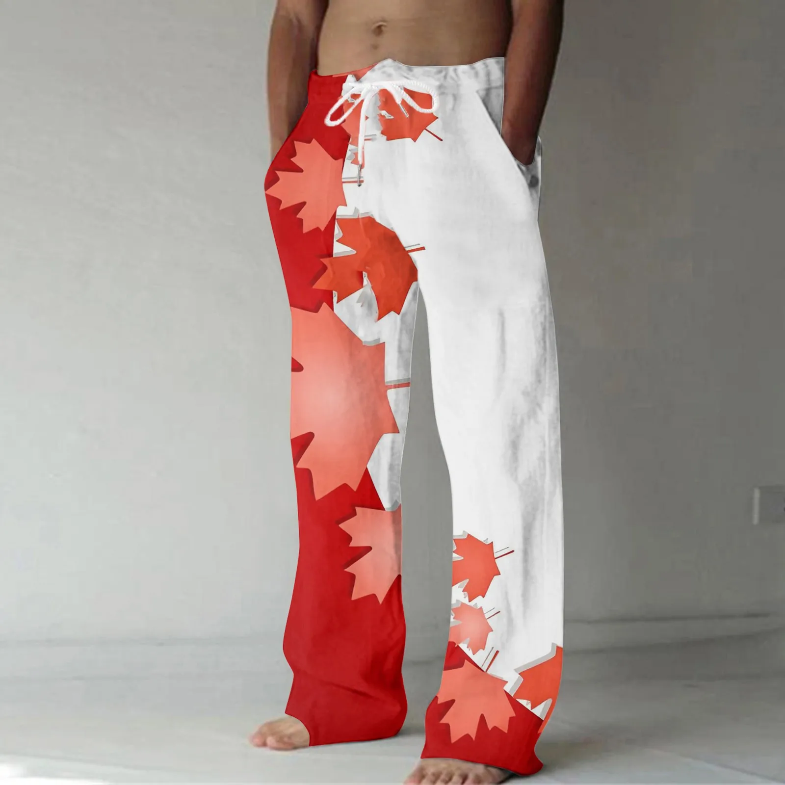 

Брюки мужские с принтом кленовых листьев, хлопково-льняные штаны с широкими штанинами, дышащие свободные, на шнуровке, на лето