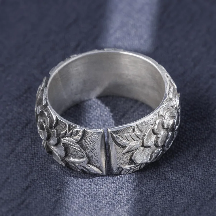 Original handmade S999 silver full carved rich peony flower ring men and women index finger single ring band