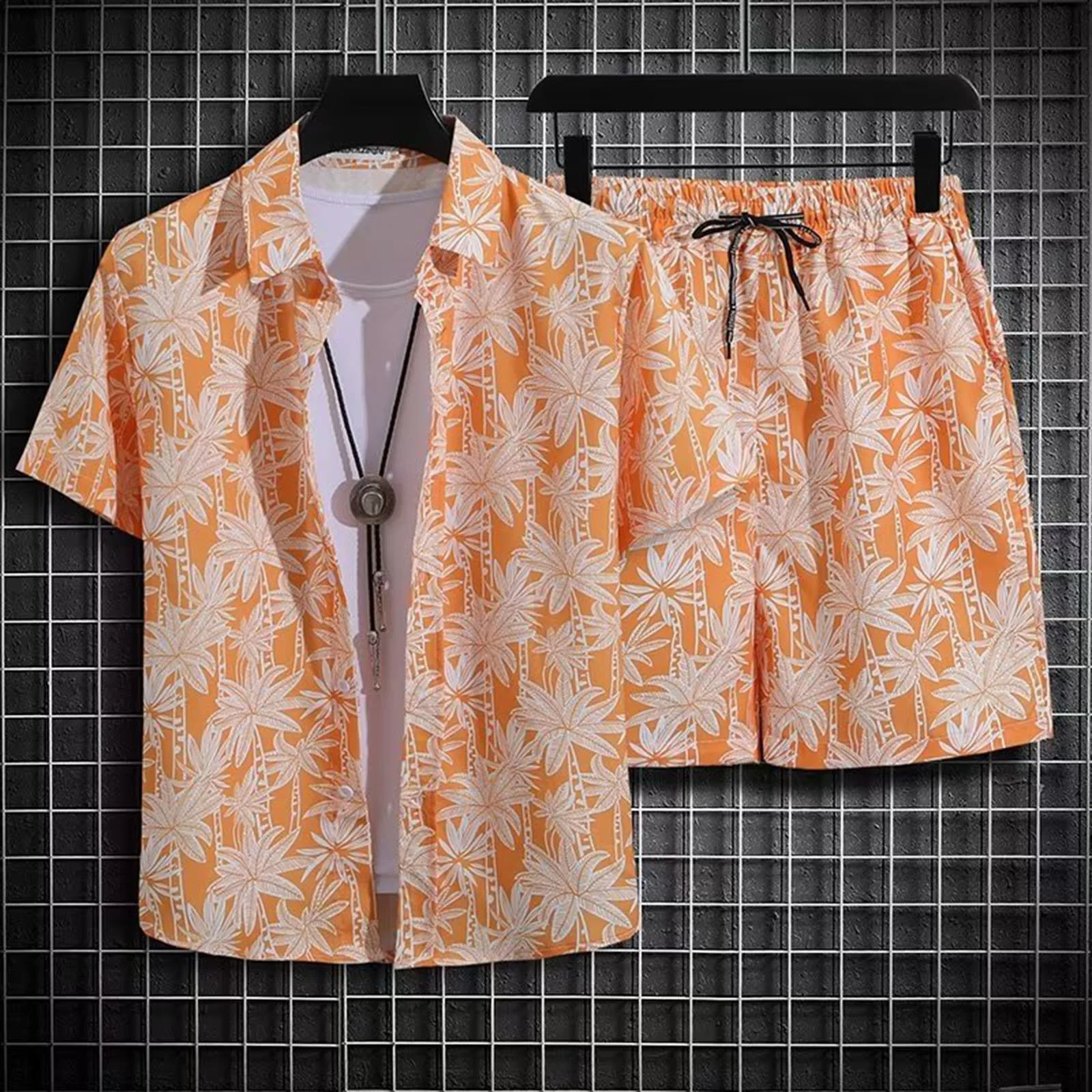 

Hawaiian Beachwear 2 Piece Suit Summer Lapel Collar Tracksuit Tree Print Male Set Short Sleeve Conjuntos Cortos Beach Vacation