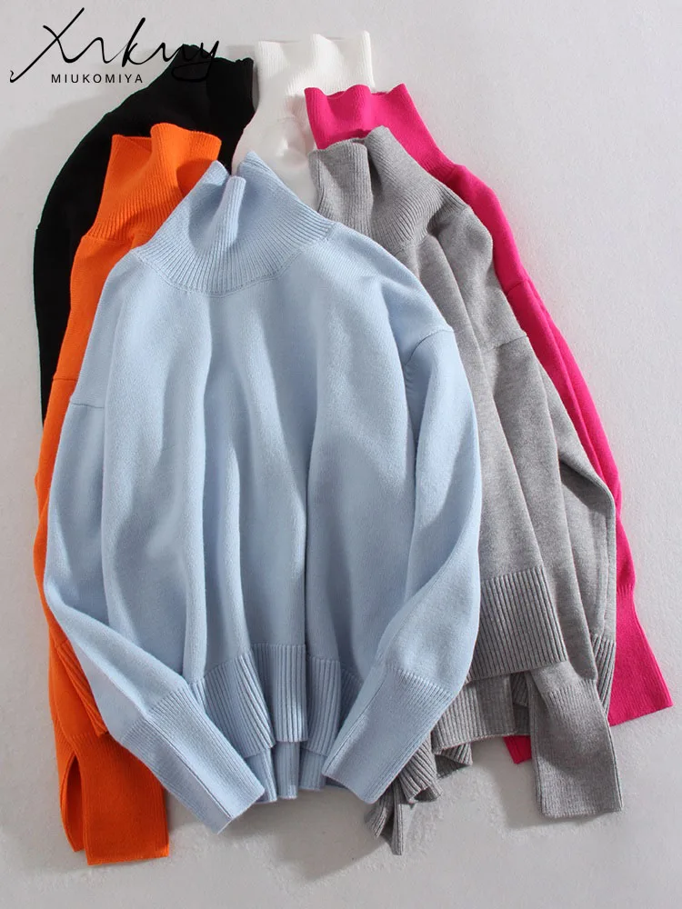 Синий плотный зимний женский свитер с высоким воротником пуловеры оверсайз