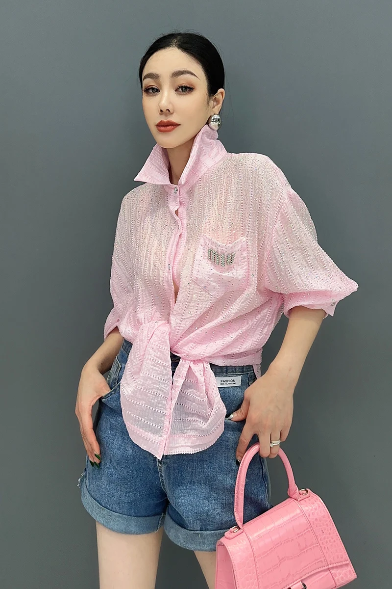 Женская рубашка с отложным воротником QING MO розовая Повседневная модная длинными