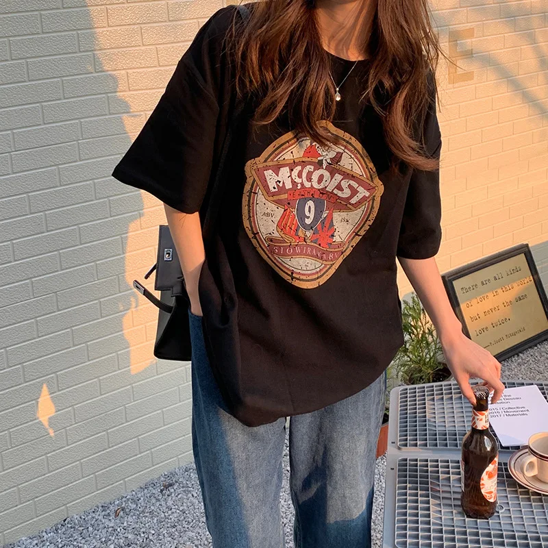 Модная женская футболка с принтом и коротким рукавом, летняя свободная футболка большого размера, Женские повседневные футболки Harajuku, уличные Топы BF