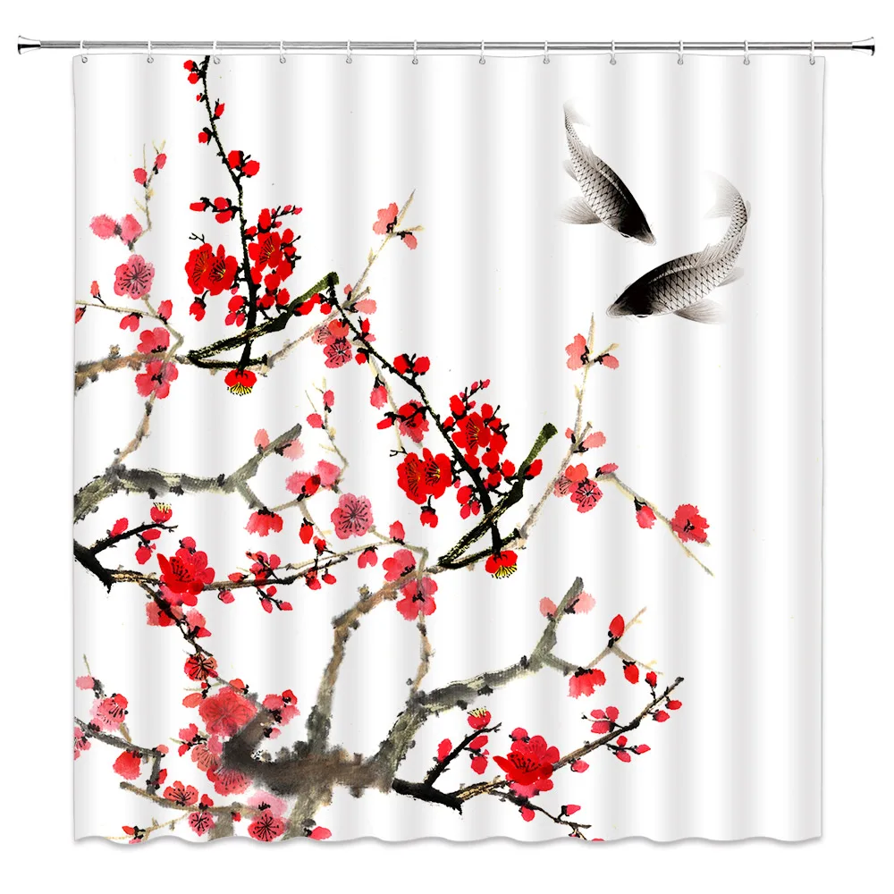 

Japanese Shower Curtain Red Plum Blossoms Koi Fish Flower Branch Ink Painting Art Bathroom Decor Polyester Fabric with Hooks
