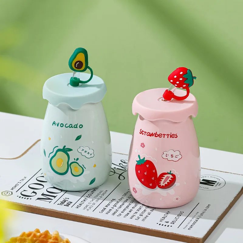 

Cartoon Cute Strawberry Ceramic Mug With Straw Office Milk Fruit Juice Water Bottle, Milk Ceramic Cup Fruit Straw Cup