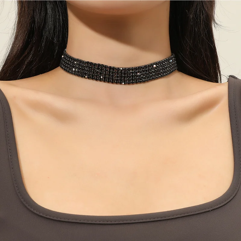 

FYUAN Simple Black Gold Silver Color Crystal Choker Necklaces for Women 5 Rows Rhinestones Chain Necklaces Fashion Jewelry