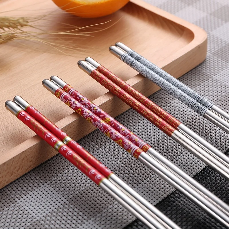 

3Pairs Stainless Steel Chopsticks Chinese Metal Non-slip Steel Printed Chopstick Kits Reusable Chopsticks Home Kitchen Tools