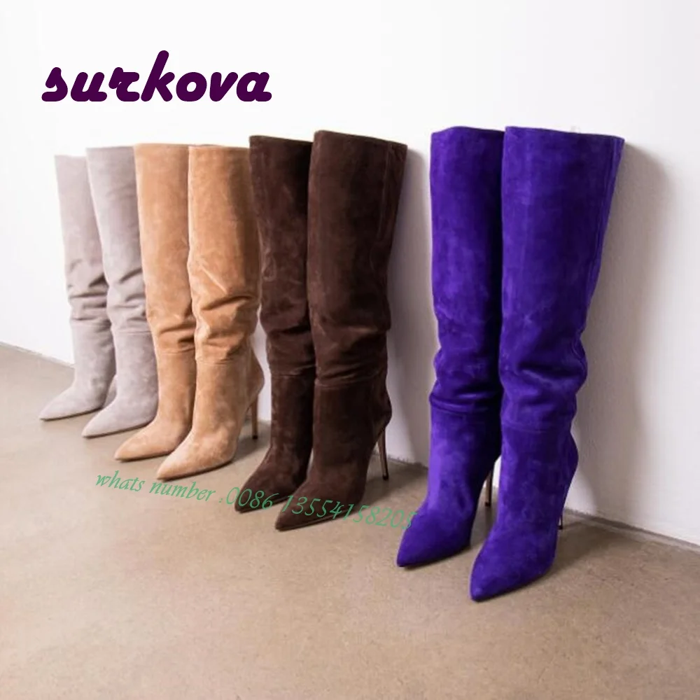 Замшевые плиссированные ботинки на шпильке 2024 новые дизайнерские женские сапоги