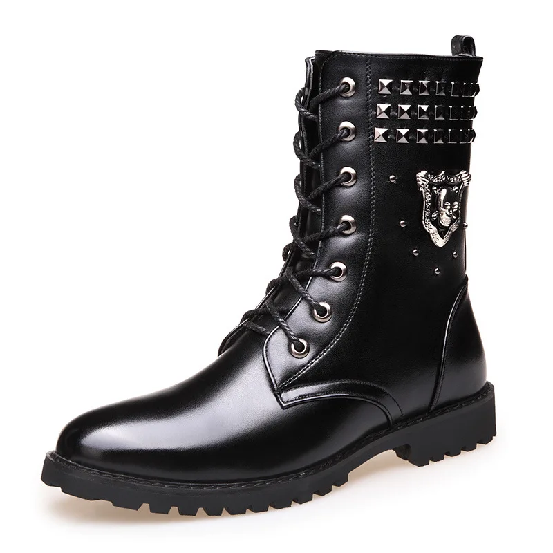 Motorcycle Boots for Men Boots 2023 Rivet Lace Up Metal Decoration Mid-Calf Leather Shoe High Top Man Fashion Military Long Boot