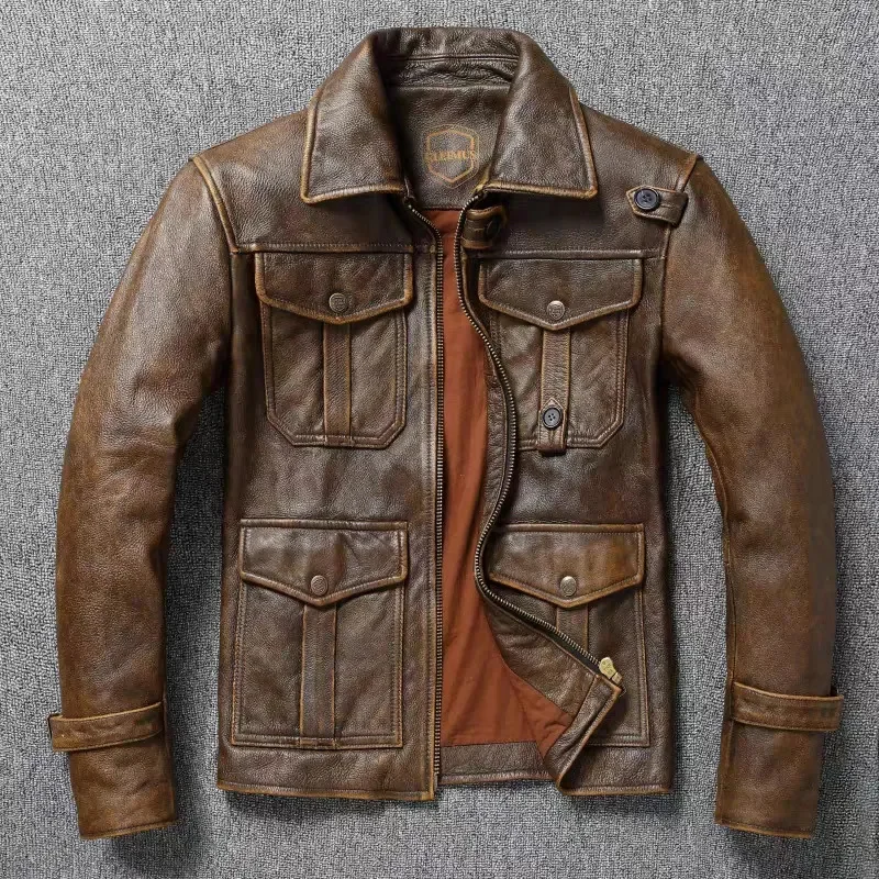 

American Retro Genuine Motorcycle Lapel Coffee Color Men's Leather Short Calfskin Fashion Jacket