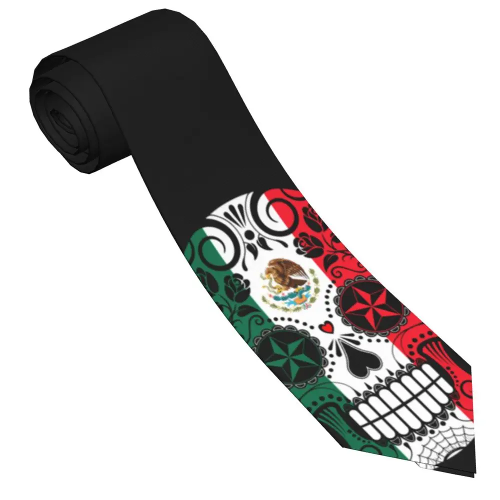

Sugar Skull With Roses And Flag Of Mexico Slim Necktie Unisex Polyester 8 cm Wide Neck Ties for Men Accessories Office